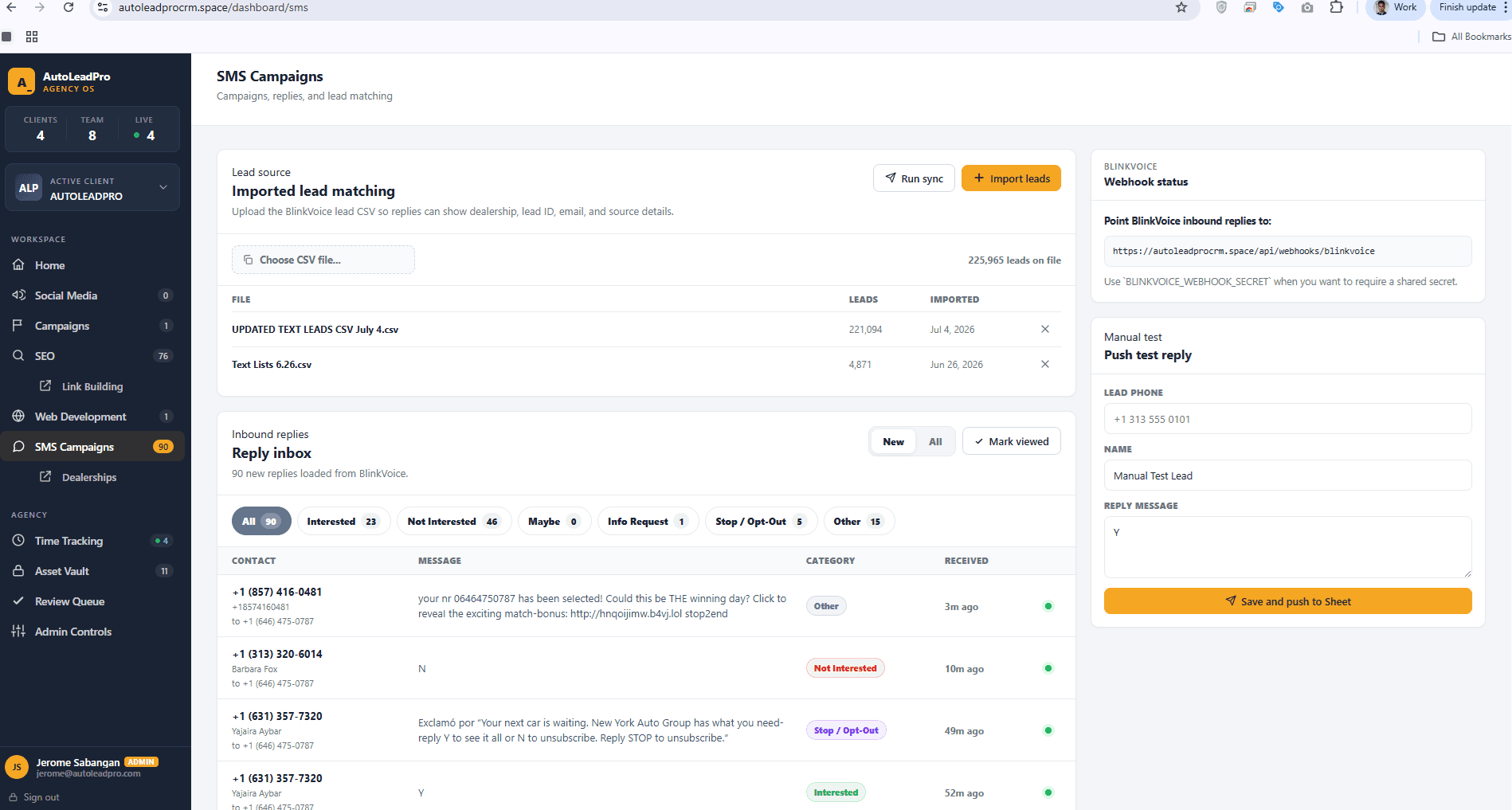 AutoLeadPro CRM SMS campaigns dashboard with BlinkVoice webhook status and reply inbox
