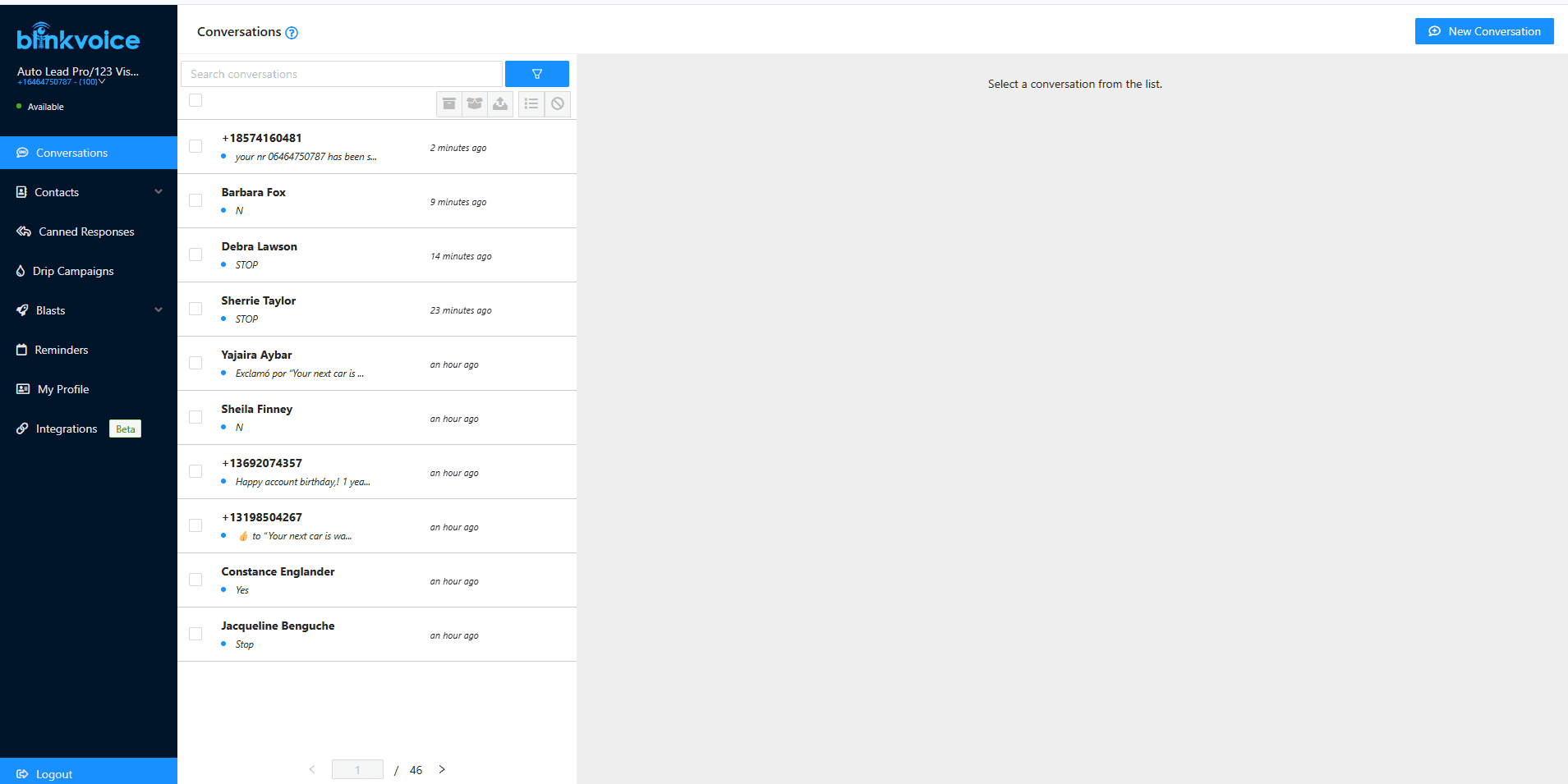 BlinkVoice SMS conversations inbox