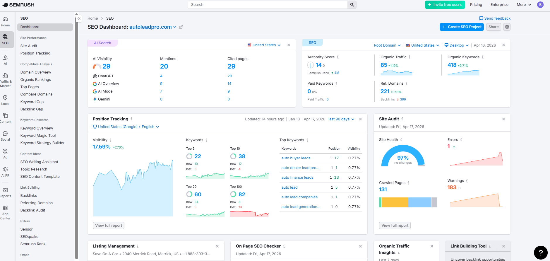 AutoLeadPro Semrush SEO visibility improvement screenshot
