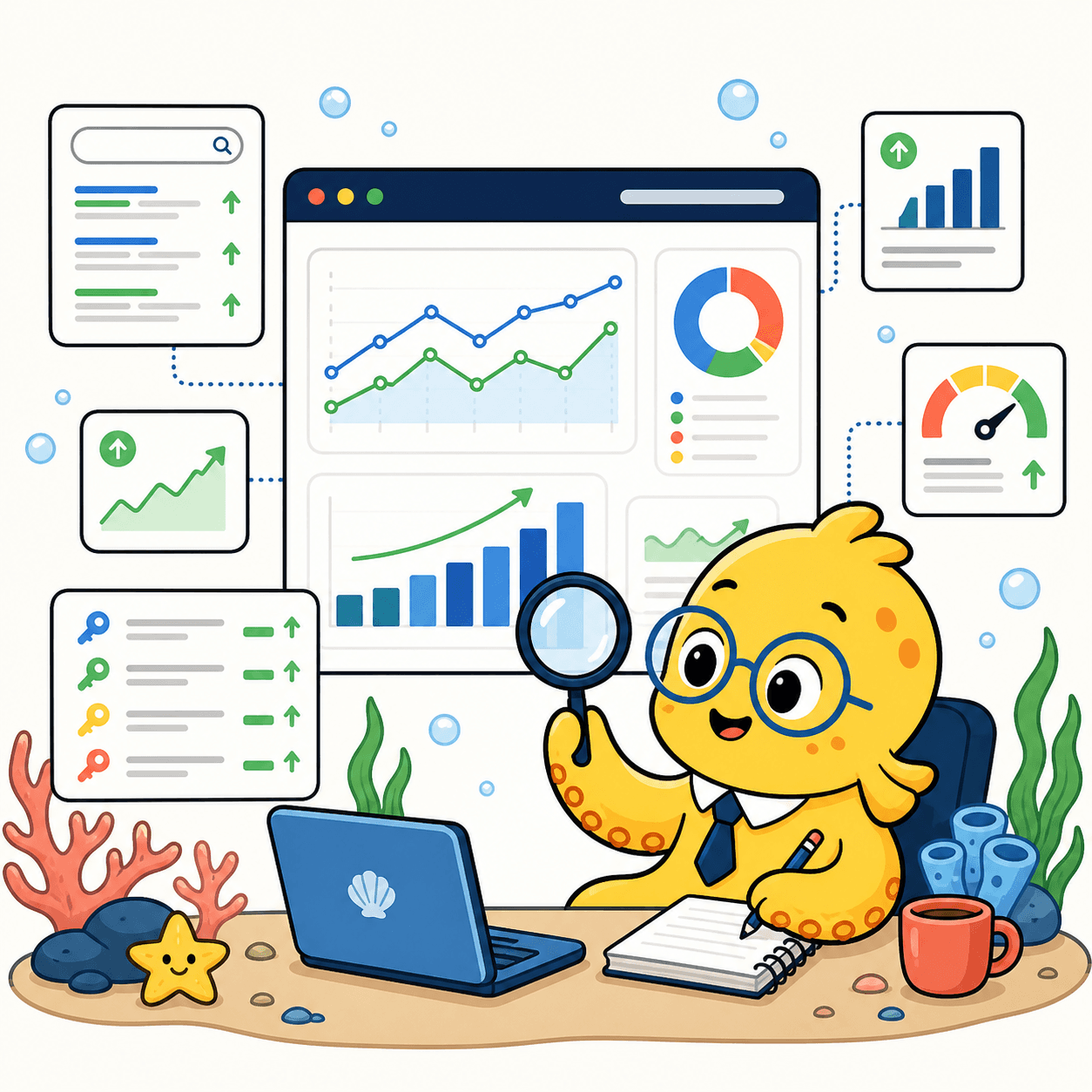 SEO & analytics virtual assistant portfolio illustration